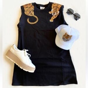 Queen of Sparkles Navy Blue Tiger Puff Shoulder Dress